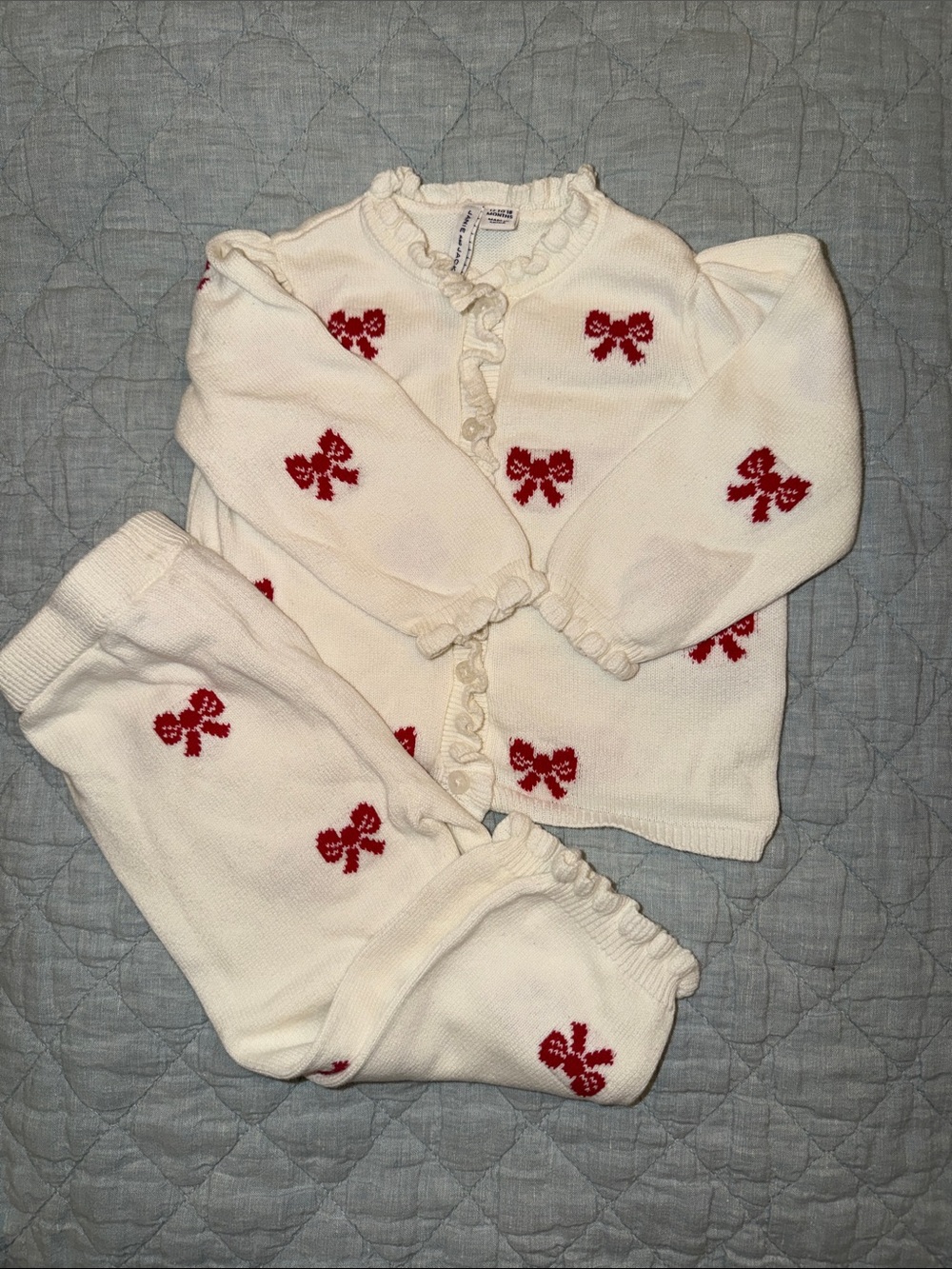 Janie and Jack Cream Knit Two-Piece Set with Red Bow Motifs